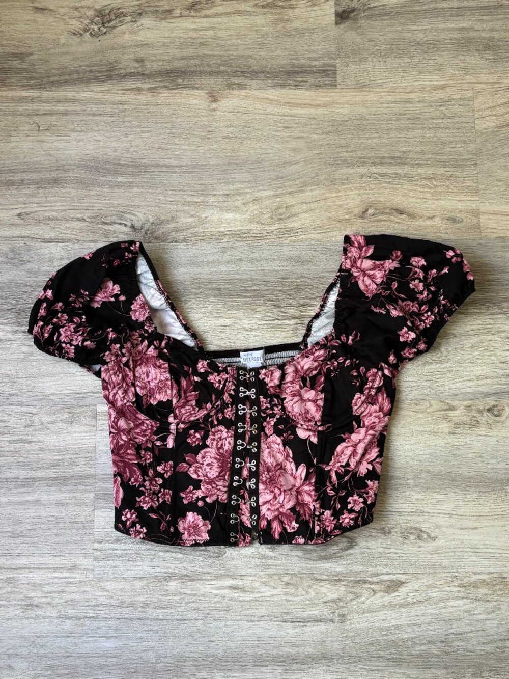 Floral Corset Top - West of Melrose, Black and Pink, Size Large